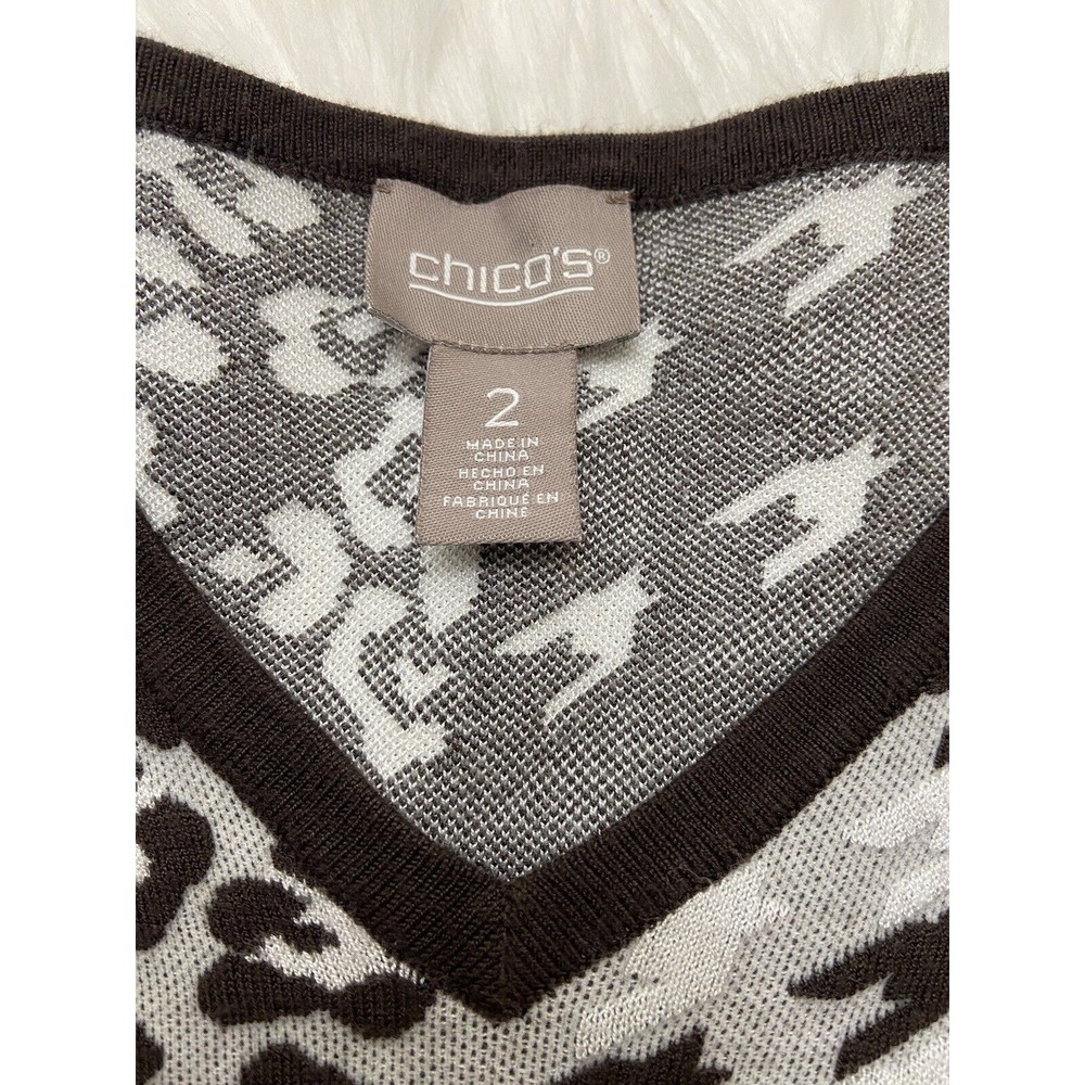 Chico's Size 2 Large Brown Animal & Houndstooth Print 3/4 Sleeve Tunic Sweater - Picture 2 of 2